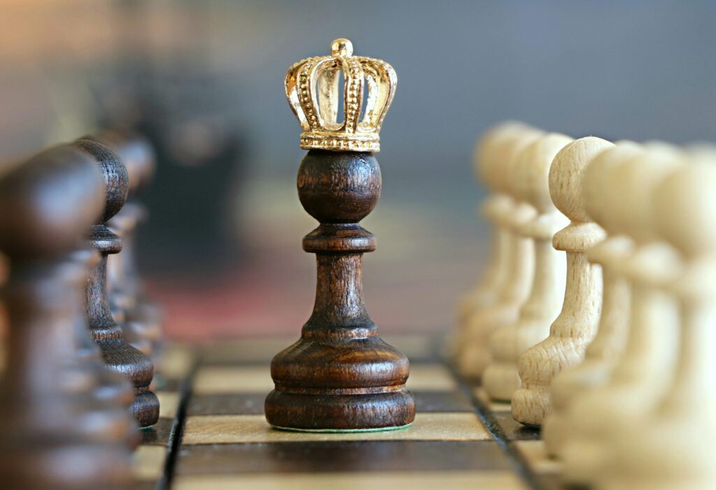 Valeur des Certifications ISO A brown pawn with a crown stands prominently on a chessboard, symbolizing strategic play.