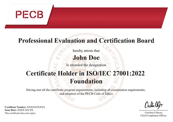 Processus d'Inscription pecb certificate iso iec 27001 2022 foundation v2